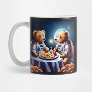 Two Teddy's in space suits having a romantic dinner on the Moon Mug